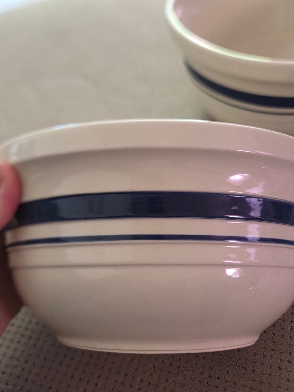 VTG Roseville Friendship Pottery Nesting Bowls Set 3 Blue Stripe Stoneware USA - Picture 8 of 16